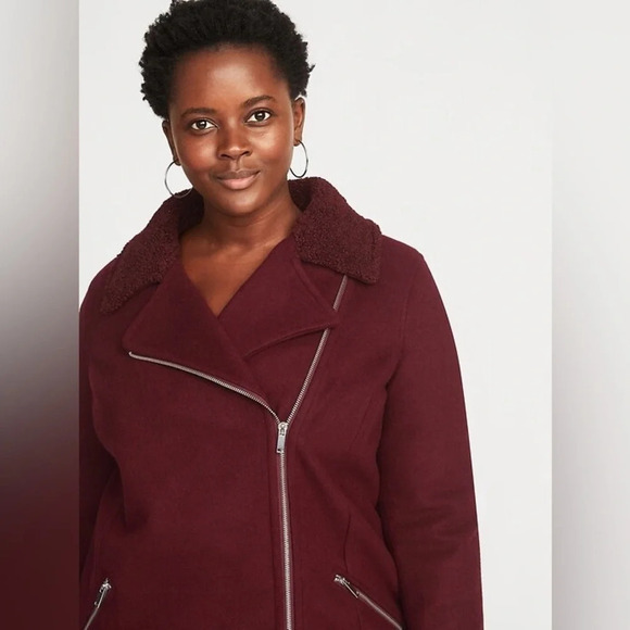 ✨NWT Old Navy Wine Red Long Brushed Felt Sherpa Collar Moto Jacket Coat Medium - Picture 3 of 12
